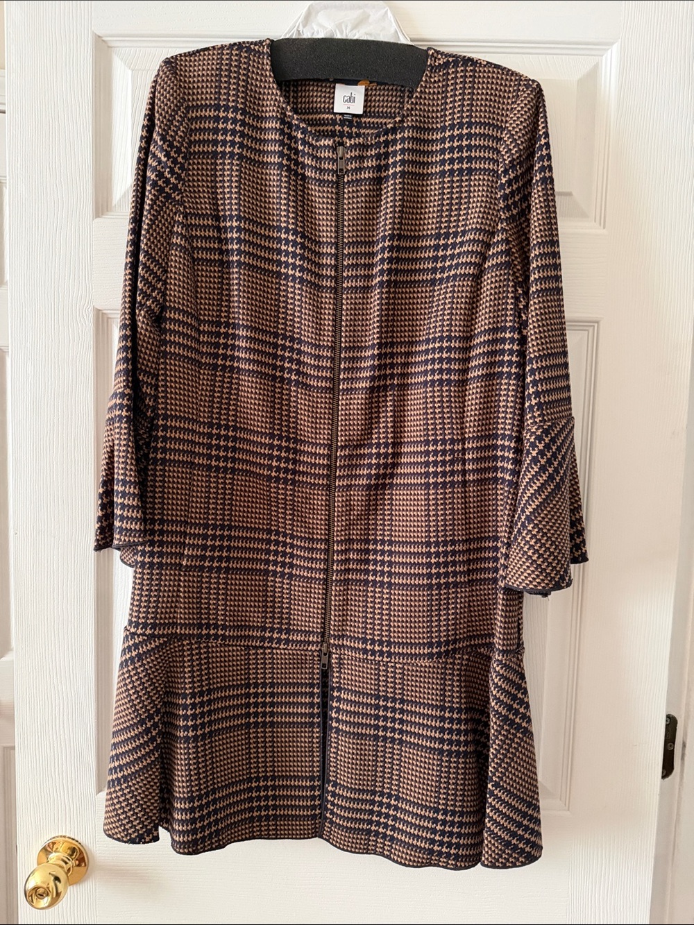 CAbi Brown and Navy Houndstooth Zip-Front Long Sleeve Dress
